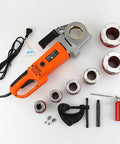 Rock Solid Electric Pipe Threader With Portable Handheld Threading Machine and Heavy Duty Carbon Steel Die Set for No Fuss Work on Galvanized Iron Pipes Up To Two Inches Straight Ahead with accessories.