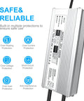 Label details of Rugged 400W IP67 Waterproof LED Driver Power Supply 90-140V AC To 24V DC 16.6A with protections displayed