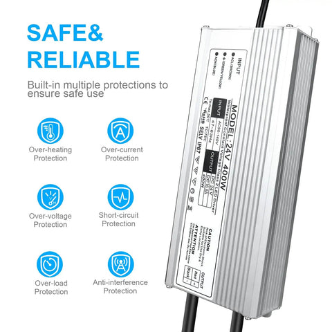 Label details of Rugged 400W IP67 Waterproof LED Driver Power Supply 90-140V AC To 24V DC 16.6A with protections displayed