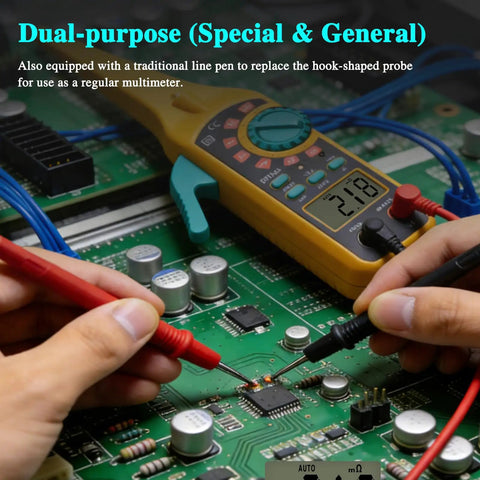 Automotive Circuit Tester with Hook Probe in use on circuit board, displaying voltage on screen, showcasing dual-purpose feature.