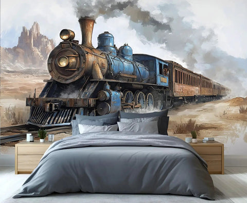 Old School Steam Locomotive Wall Mural For Living Room And Bedroom featuring vintage train artwork, silk cloth, 98.4x68.9 inches
