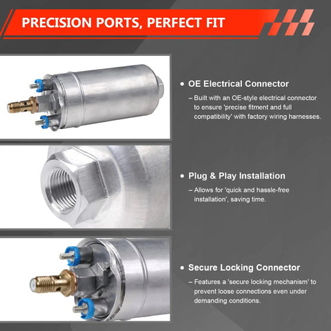 High Flow 12V Fuel Pump For EFI Systems, 43 To 75 PSI, 53 GPH, showing OE electrical connector and secure locking feature