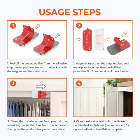 Installation steps for 8 Pack Magnetic Cabinet Door Catch Set with 15 Lb Hold, showing adhesive application and placement.