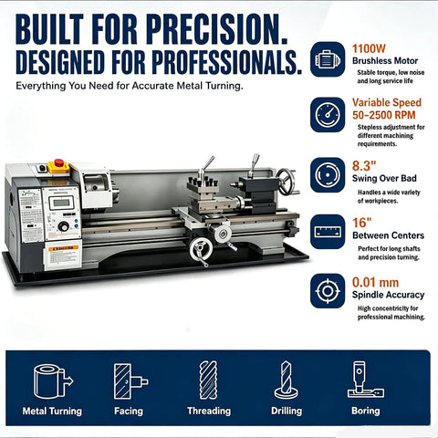 Jaryannix 8x16 Inch Metal Bench Lathe With 1100W Brushless Motor And Digital Speed Control Up To 2500 RPM, precision metal turning setup.