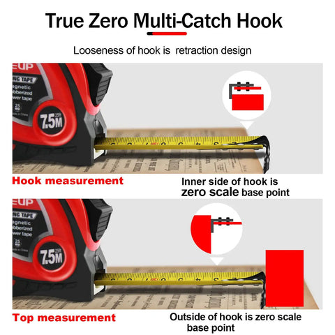 Diagram showing Industrial Magnetic Tape Measure With Fractions 1/8 And Metric, Auto Lock, True Zero Hook mechanism in action