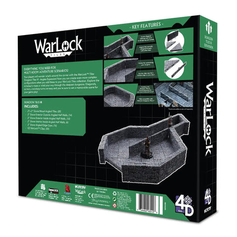 Warlock Tiles Expansion Dungeon Tile III Angles packaging box, showing modular diagonal gridded tiles for RPGs, stone floor view