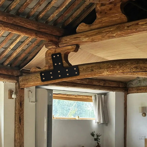 Heavy Duty T Post Brackets And Beam Connectors For Fence Repair Solid Black Carbon Steel mending plate on wooden beams.