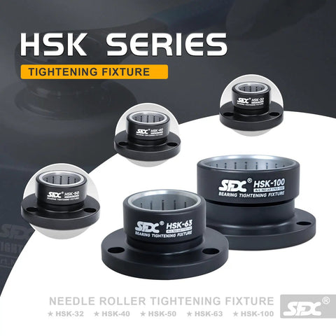Built Tough HSK63 Needle Roller Bearing Tightening Fixture For CNC Tool Holders displayed alongside HSK series fixtures.