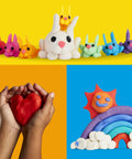 Colorful bunny figures made from Game Changing Modeling Compound Haul With 65 Mini Cans, showcasing creative uses for kids.