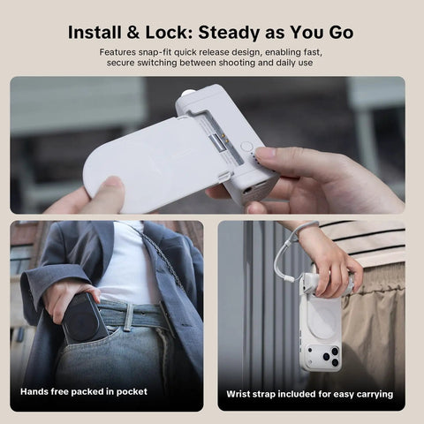 Magnetic 3 In 1 Phone Grip With Built In 3000mAh Power Bank Detachable Bluetooth Remote in use, showing quick release and portability.