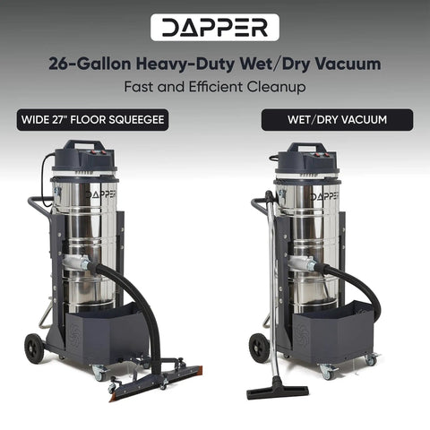 Heavy Duty Industrial Wet Dry Vacuum With Dual Motors 3.3 HP Delivers 222 CFM And 76 Inch Water Lift 27 Inch Squeegee 120V 20A Plug 2 Year Warranty Ideal For Construction Sites Warehouses And Tough Cleanup, 26-gallon steel tank