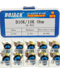 10K Ohm Knurled Shaft Rotary Potentiometer Kit with blue knobs, 10 pieces, carbon film resistors in clear case packaging