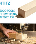 Close-up of wood being cut on a saw in a workshop setting with text overlay 'Good Tools Woodworking Effortless'.