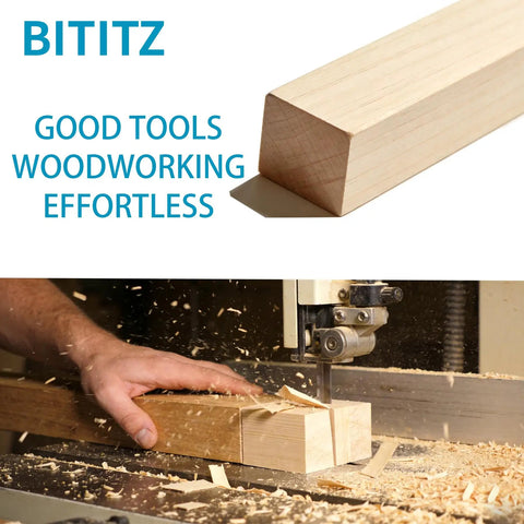 Wood slab being machined with a saw in a workshop, Bititz logo displayed, good tools for effortless woodworking.