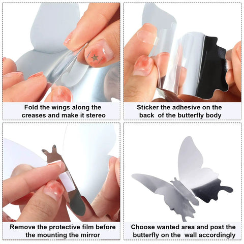 Steps to apply 3D Mirror Butterfly Wall Decor Kit With 48 Removable Stickers In Silver Finish Large 11 Cm Medium 8 Cm Small 6.5 Cm