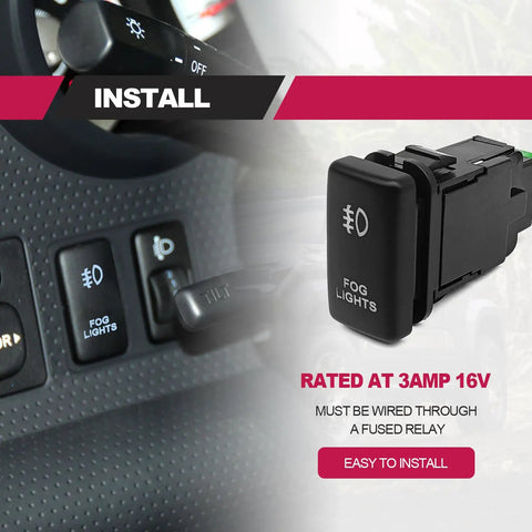 LED Fog Light Symbol Push Button Switch With White Backlit On Off Kit Connector Wire Included Rugged ABS Rocker Easy Install Plug And Play Ready Works With Toyota Tacoma Tundra 4Runner FJ Cruiser Hilux Fortuner And More installed in dashboard