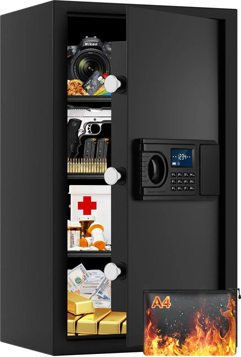 5.2 Cu Ft Large Fireproof And Waterproof Safe With LCD Keypad Anti Theft Alerts Hidden Code Mode Personal Combination Safe For Documents Jewelry Laptop Gun And Valuables For Office Or Home Gift showing open interior with items.