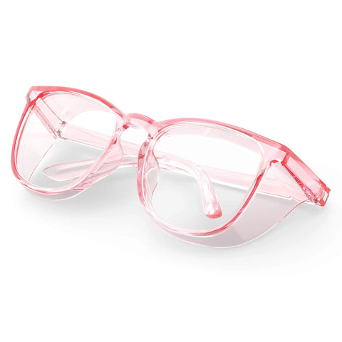 Protective Safety Glasses With Anti Fog Coating And Anti Scratch Lenses Unisex Fit For Men And Women Clear Polycarbonate Frames All Day Comfort Eye Protection In Pink, angled view, showing pink frame.