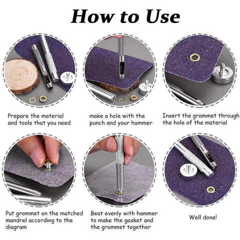 Step-by-step guide for using the All In One Leather Grommet Kit 6mm Quarter Inch With 200 Eyelets in Gold Black Silver Bronze.