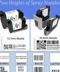 Heavy Duty Industrial Inkjet Printer With 4.3 Inch Touchscreen Crushes Daily Label Jobs And Prints Crisp Qr Codes At Adjustable Pace For Straight Up Manufacturing Floor Workflow showing nozzles sizes 12.7mm and 25.4mm.