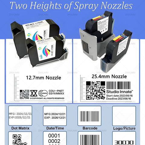 Heavy Duty Industrial Inkjet Printer With 4.3 Inch Touchscreen Crushes Daily Label Jobs And Prints Crisp Qr Codes At Adjustable Pace For Straight Up Manufacturing Floor Workflow showing nozzles sizes 12.7mm and 25.4mm.