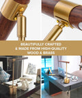 Slim Banker LED Desk Lamp in wood and brass shown in home office, adjustable arm detail, mid-century modern design