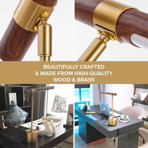 Slim Banker LED Desk Lamp in wood and brass shown in home office, adjustable arm detail, mid-century modern design