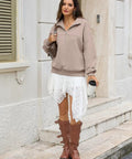 Woman wearing Cozy Oversized Women Quarter Zip Fleece Sweatshirt With Half Zip Collared Long Sleeve Pullover For Fall And Winter Soft Cotton Polyester Blend Coffee Gray Laid Back Yet Polished Everyday Warmth And Comfort, standing on steps with coffee cup