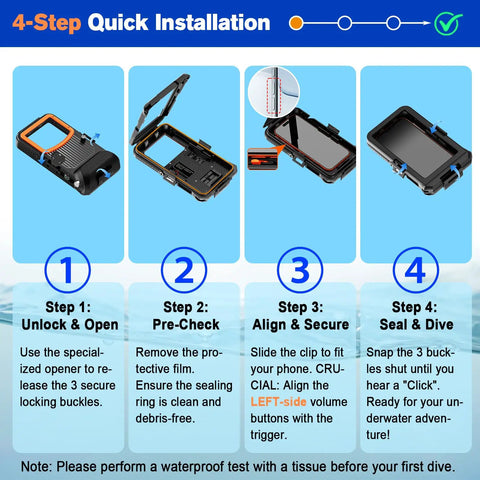 4-step installation guide for Dive Ready Waterproof Phone Case For IPhone 17 16 15 14 Series With Aluminum Alloy Housing And Clear Lens.