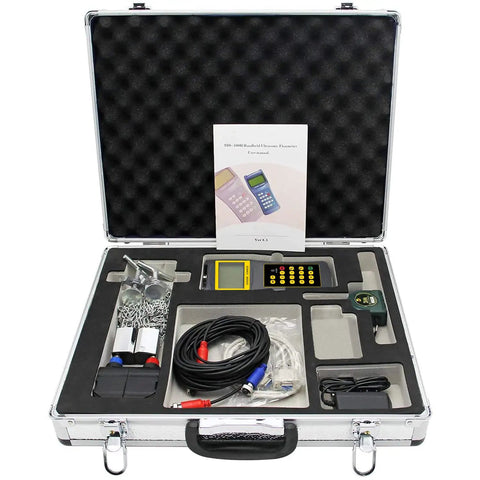 Handheld Ultrasonic Flowmeter Clamp On Portable Liquid Flow Meter With S1 M2 Transducers shown in protective case with accessories