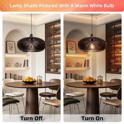 Arturesthome 1-Light Wooden Pendant Light Ceiling Hanging Light for Kitchen in warm white light over a dining table.