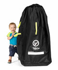 Extra Large Stroller Travel Bag With Padded Backpack Straps For Air Travel, shown upright next to a child for scale.