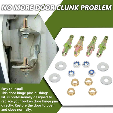 Door Hinge Pin And Bushing Repair Kit For Chevy GMC Trucks And SUVs 1999 2007 with pins, bushings, washers, and nuts displayed