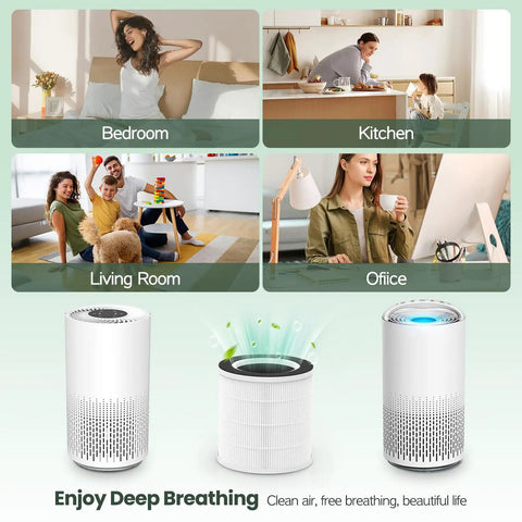 Image showing VK6067B air purifier in bedroom, kitchen, living room, and office with 3 stage HEPA and activated carbon replacement filter.