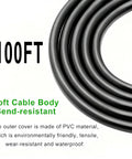 Heavy Duty Waterproof Extension Cord With A Badass 100 Ft Black Flat Cable and Standard Two Prong Plugs coiled, showing bend-resistant PVC material.