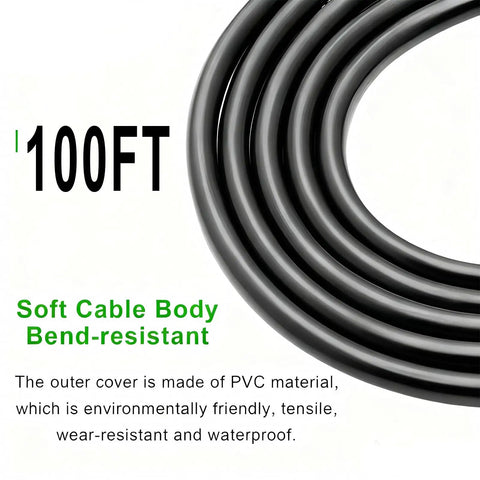 Heavy Duty Waterproof Extension Cord With A Badass 100 Ft Black Flat Cable and Standard Two Prong Plugs coiled, showing bend-resistant PVC material.
