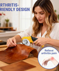 Woman using Cordless Cardboard Cutter Electric Scissors With Safety Lock For Cardboard, Fast 240 RPM Cutting on leather.