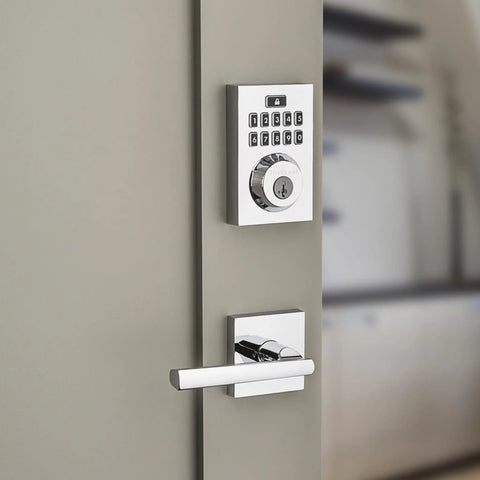 Contemporary Keypad SmartCode Deadbolt Lock With SmartKey Security and ZigBee Three Point Zero in polished chrome on door