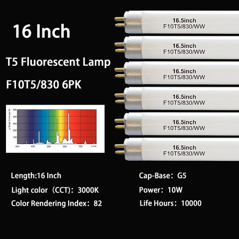 Six 16 Inch Fluorescent T5 Replacement Bulbs 10W 3000K Warm White G5 Bipin Base with labeled details