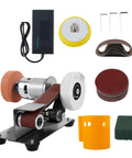 Slick Little Mini Belt Sander And Grinder Machine With Adjustable Speed And Angle For Woodworking Metal Sharpening Hella Durable Electric Polisher Built For Tougher Jobs And Quicker Shop Cleanup with attachments.