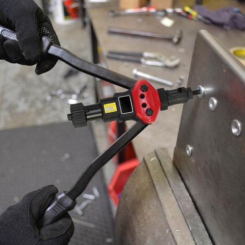 Heavy Duty Rivet Nut Tool Kit With 16 Inch Rivnut Gun for Threaded Insert Installation in use on metal panel