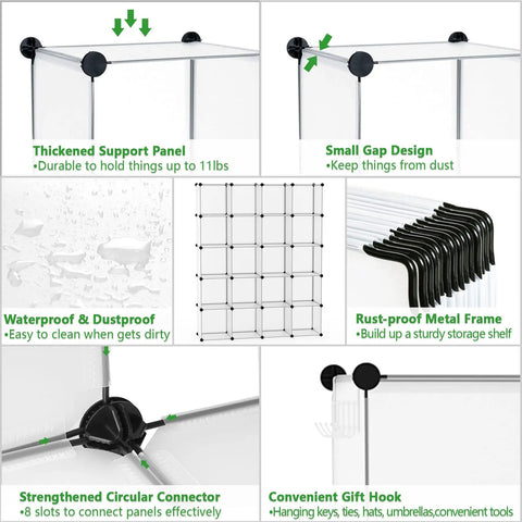 Assembly details of 20 Cube Storage Organizer Shelves Unit DIY Plastic Modular Bookcase in Transparent White with connectors.