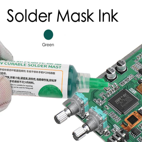 Applying green solder mask ink from DIY Pro Solder Mask Repair Kit For PCBs With Reball Stencil And Curing Ink Durable Solder Mask Net