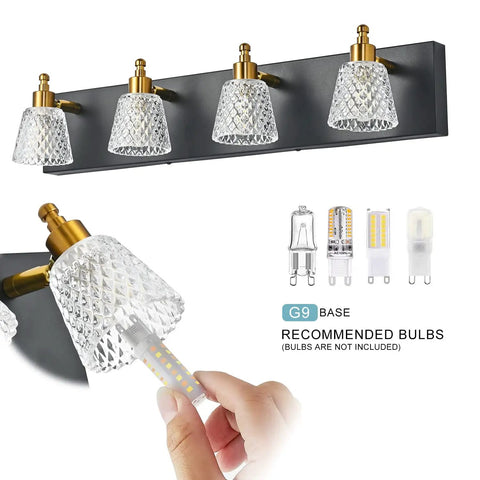 Mid Century Modern 4 Light Vanity Light Fixture Crystal Glass Over Mirror Matte Black And Gold Rad Wall Light For Bathroom