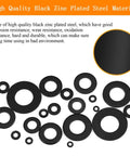 Flat Washer Kit 1100 Pcs Black Zinc Plated Assorted Washers In 9 Sizes M2.5 By 0.2mm, M2.5 By 6mm, M3 By 7mm, M4 By 7mm, M5 By 10mm, M6 By 12mm, M8 By 16mm, M10 By 19mm, M12 By 24mm For Furniture, Mechanical Repairs And DIY Projects displayed in various sizes and arrangements