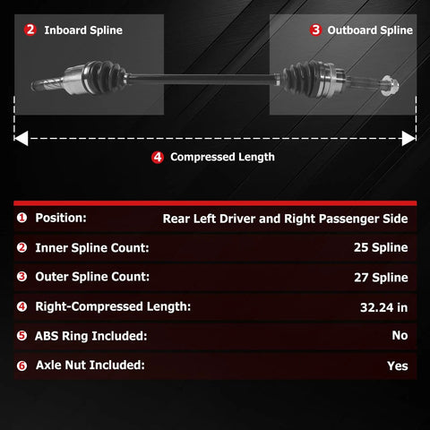 Rear Left And Right CV Axle Shaft Set For Ford Escape 2013 2019 Two Piece NCV11168 CV Joint Shaft With 25 Spline Inner And 27 Spline Outer Plus Axle Nut Included, 32.24 in compressed length