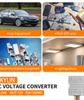 Collage showing uses of 24V To 12V DC Power Converter For Beefed Up Heavy Duty Trucks Cars Boats And Solar Systems 30A 360W Regulator
