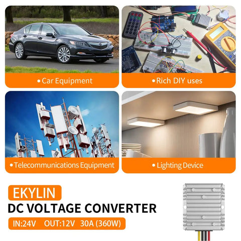 Collage showing uses of 24V To 12V DC Power Converter For Beefed Up Heavy Duty Trucks Cars Boats And Solar Systems 30A 360W Regulator