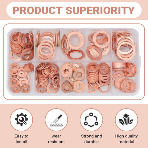 200 Piece Copper Washer Kit For Cars, Metric Crush Washers And Flat Sealing Gaskets In 9 Sizes, in a transparent case