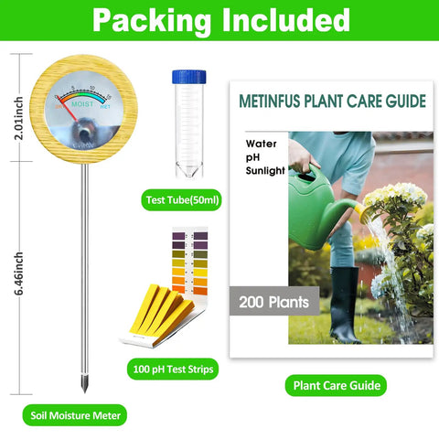 All In One Soil Moisture Meter Kit With Handy Plant Care Guide And 100 pH Test Strips Sample Tube No Battery Needed For Garden